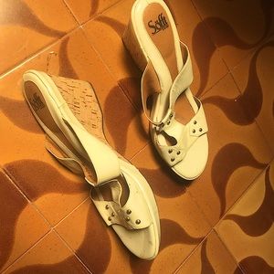 Sofft slip on mules sandals cork wedge leather upper size 11M
